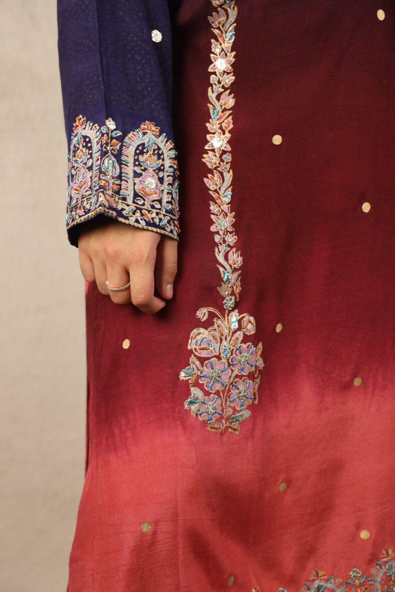 NAVY-RED OMBRE', BLOCK-PRINTED EMBELLISHED SUIT