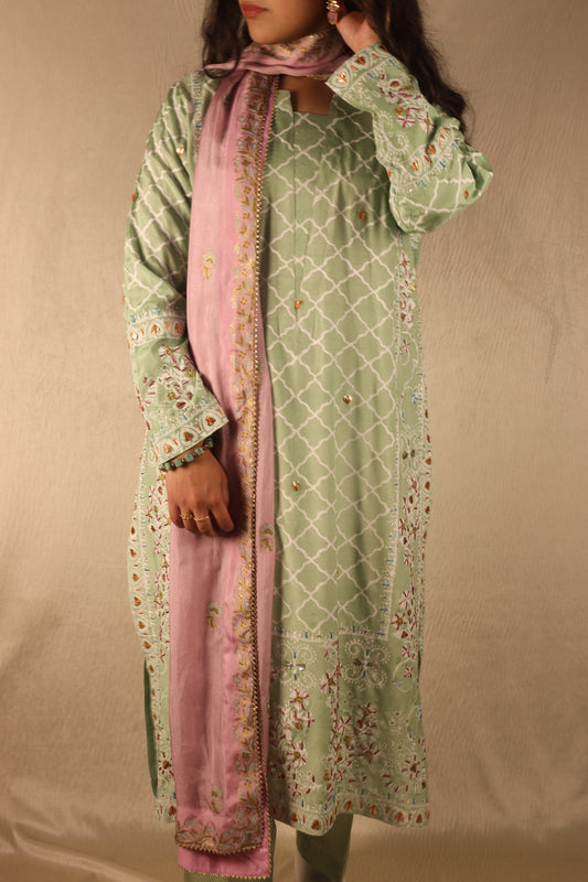 PISTACHIO, BLOCK PRINTED SUIT