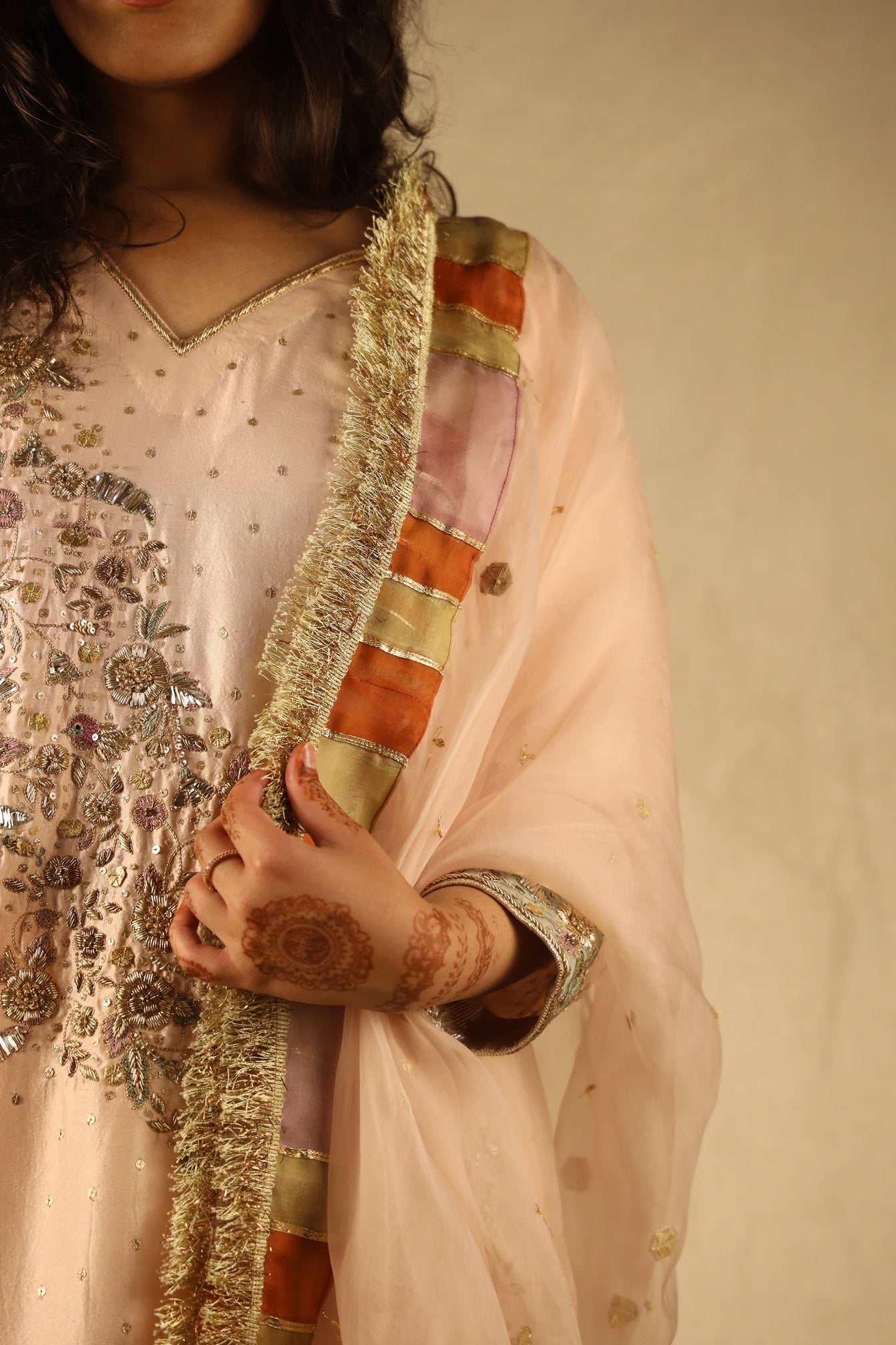 PEACH, DIAGONAL EMBELLISHED FORMAL