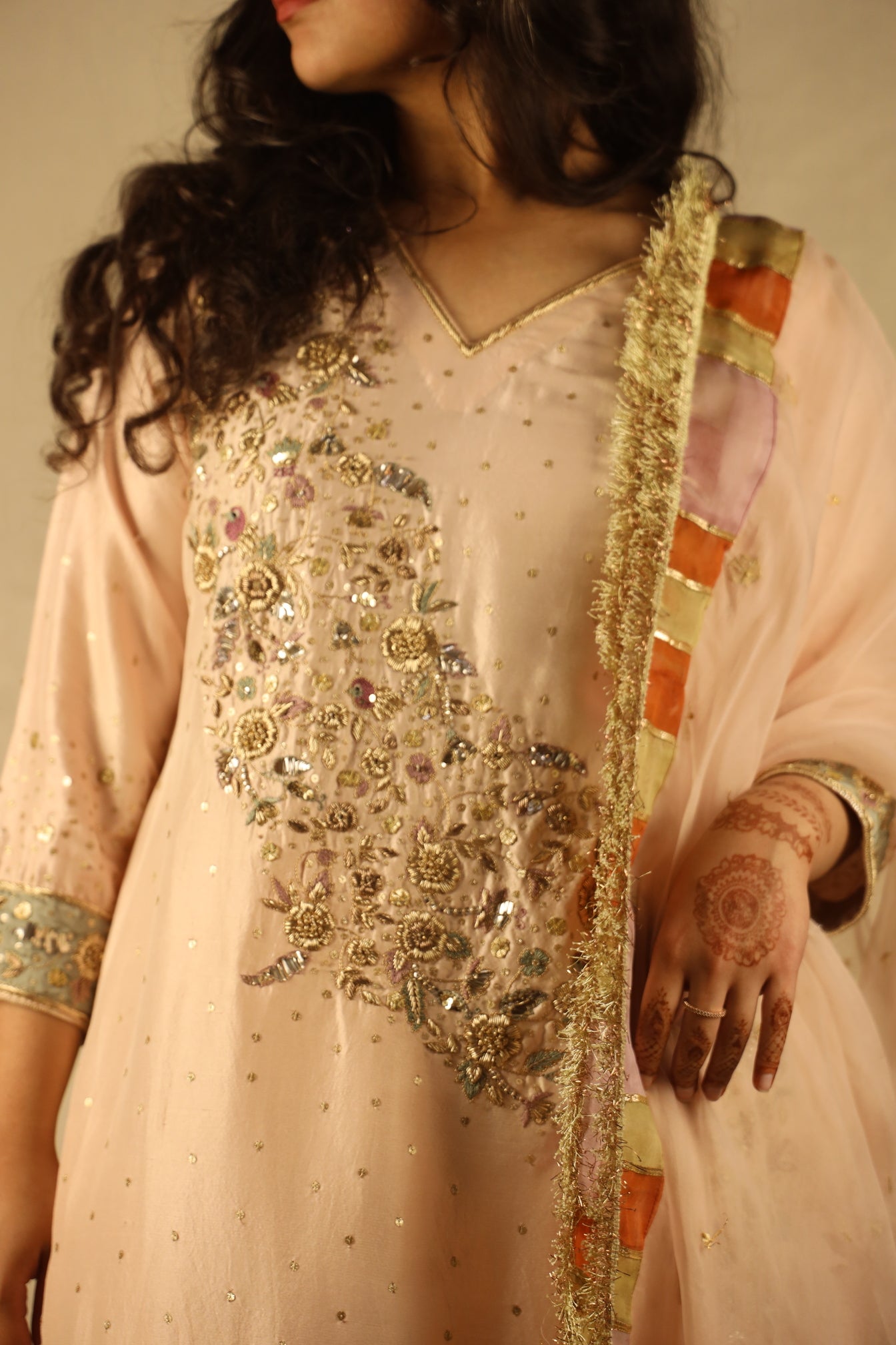 PEACH, DIAGONAL EMBELLISHED FORMAL