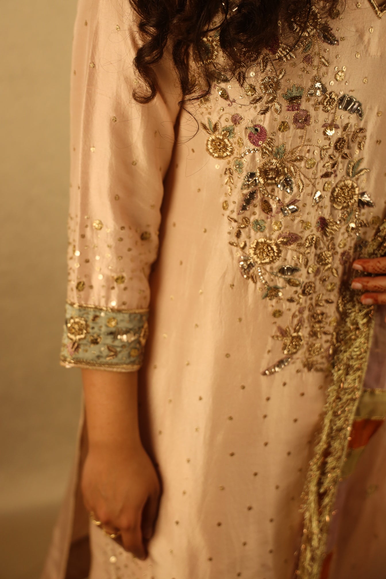 PEACH, DIAGONAL EMBELLISHED FORMAL