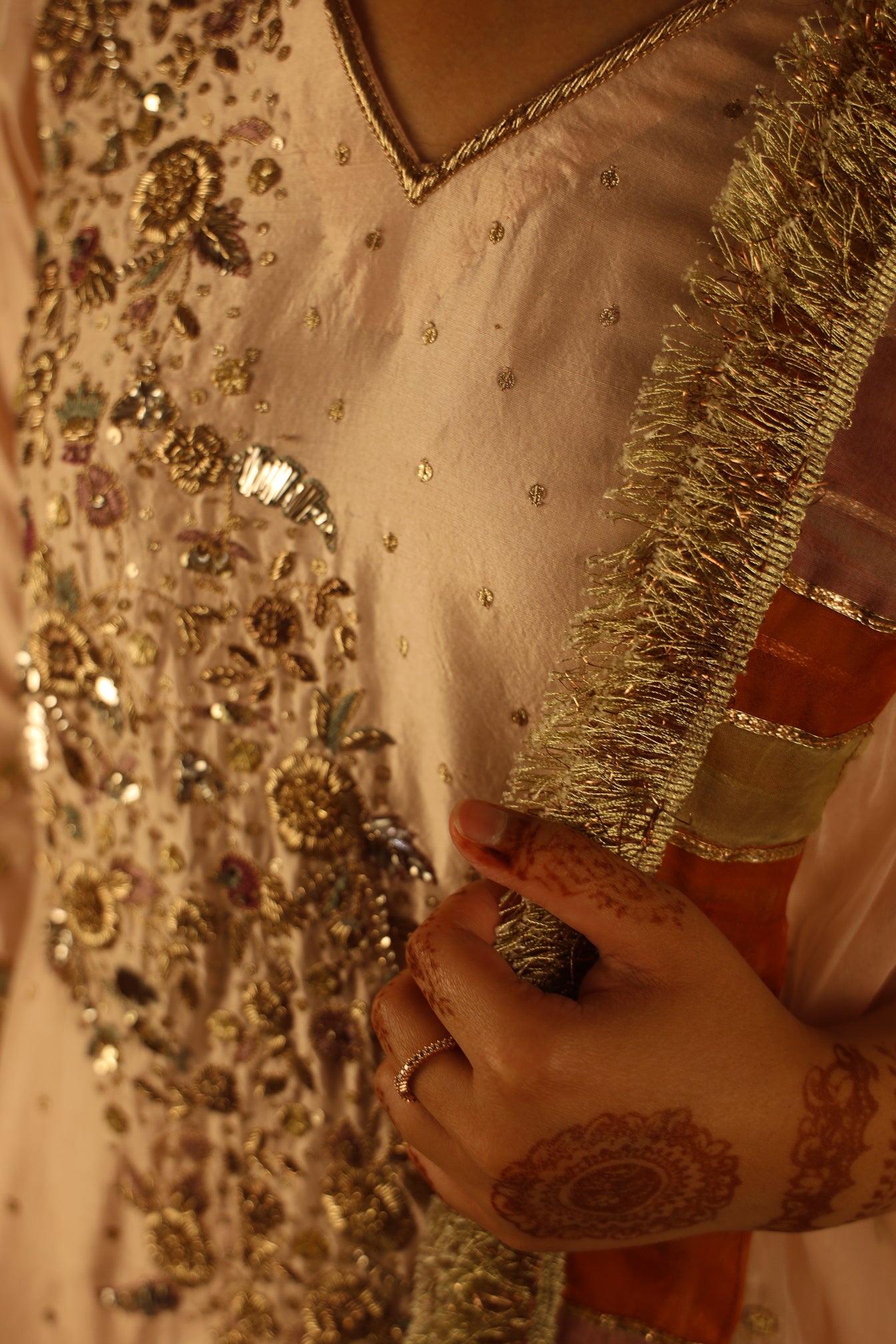 PEACH, DIAGONAL EMBELLISHED FORMAL