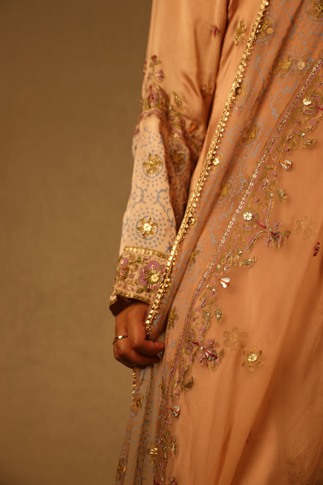 PEACH BLOCK PRINT, EMBELLISHED SUIT