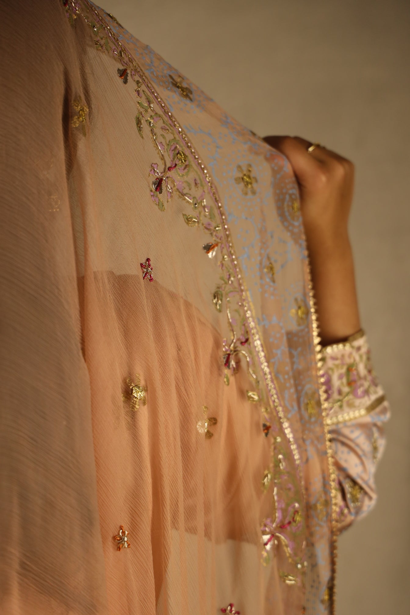 PEACH BLOCK PRINT, EMBELLISHED SUIT