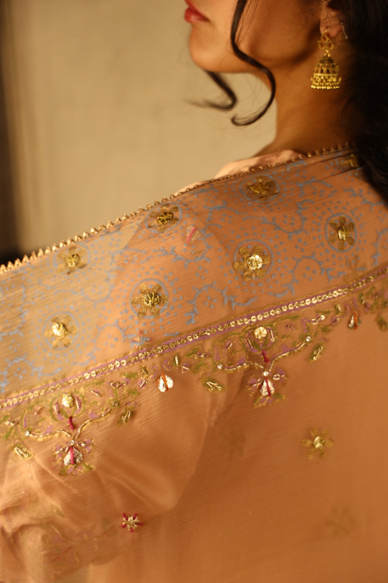 PEACH BLOCK PRINT, EMBELLISHED SUIT