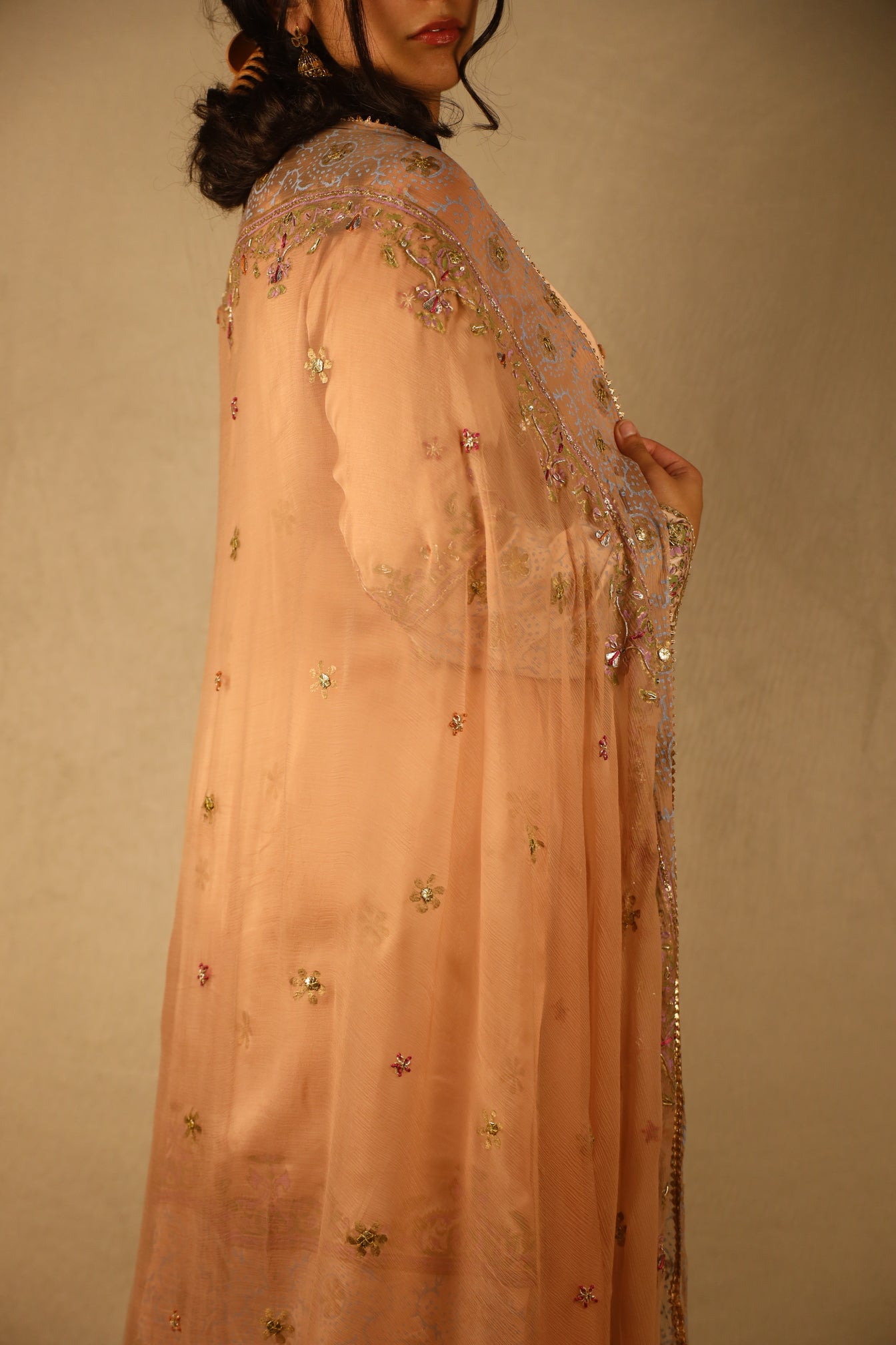 PEACH BLOCK PRINT, EMBELLISHED SUIT