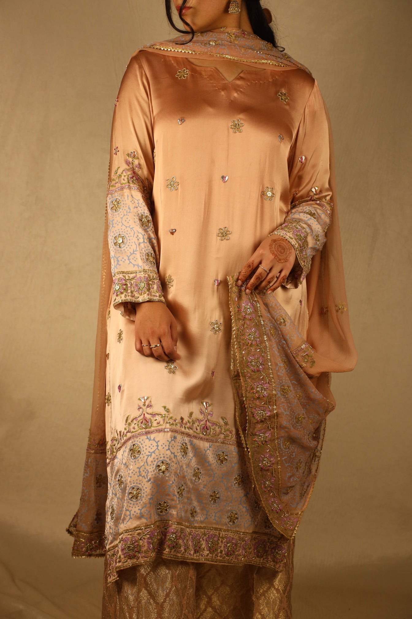 PEACH BLOCK PRINT, EMBELLISHED SUIT