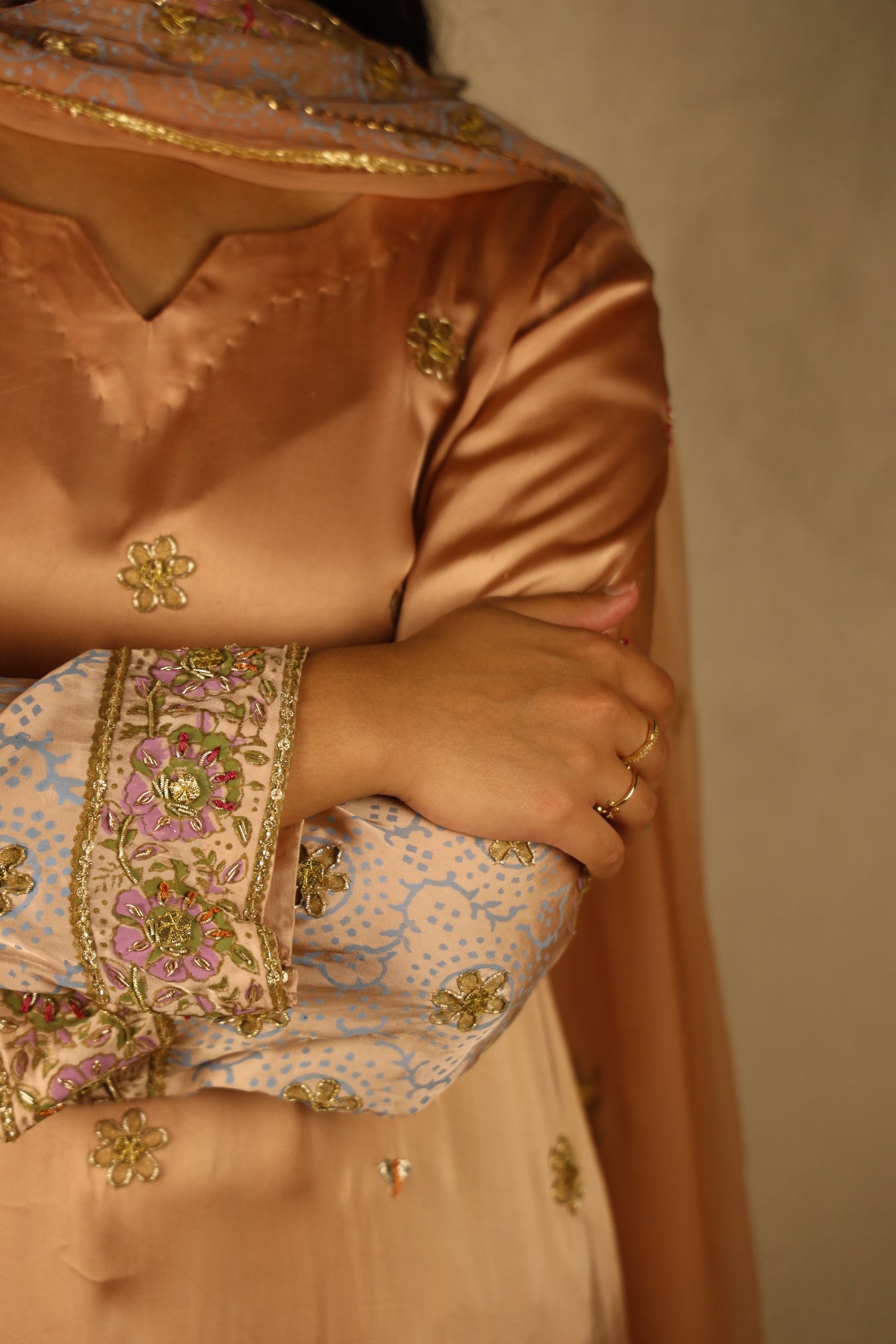PEACH BLOCK PRINT, EMBELLISHED SUIT