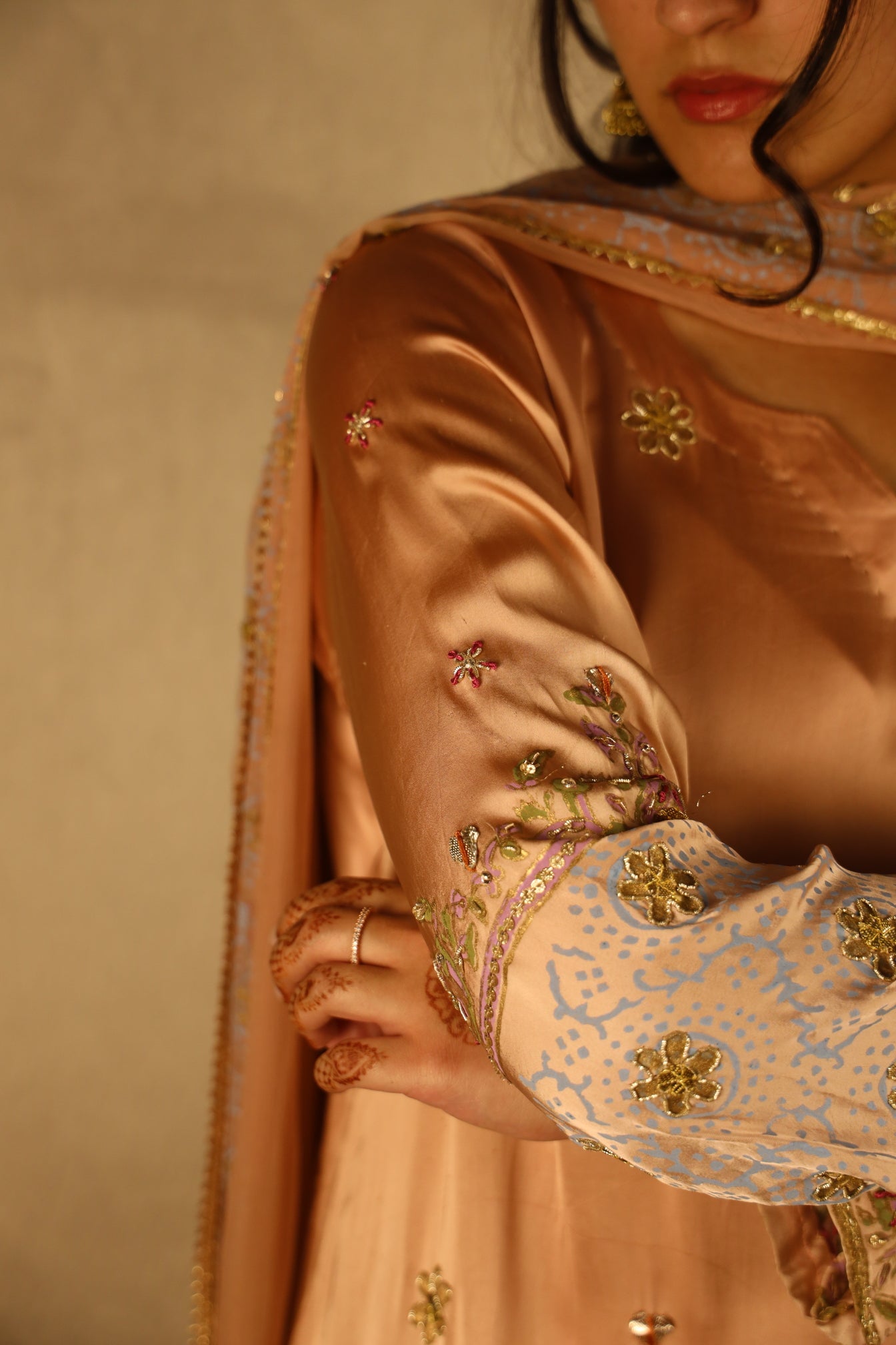 PEACH BLOCK PRINT, EMBELLISHED SUIT