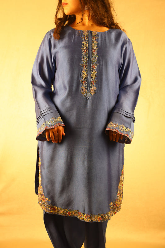 SLATE BLUE, EMBELLISHED FARSHI SHALWAR SUIT