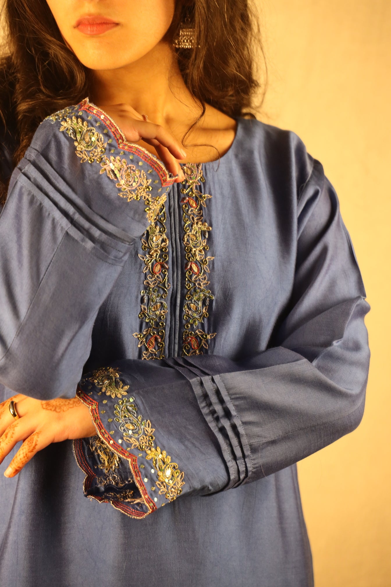 SLATE BLUE, EMBELLISHED FARSHI SHALWAR SUIT