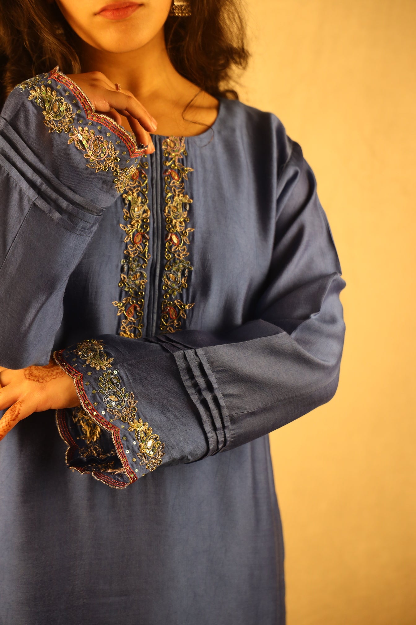 SLATE BLUE, EMBELLISHED FARSHI SHALWAR SUIT