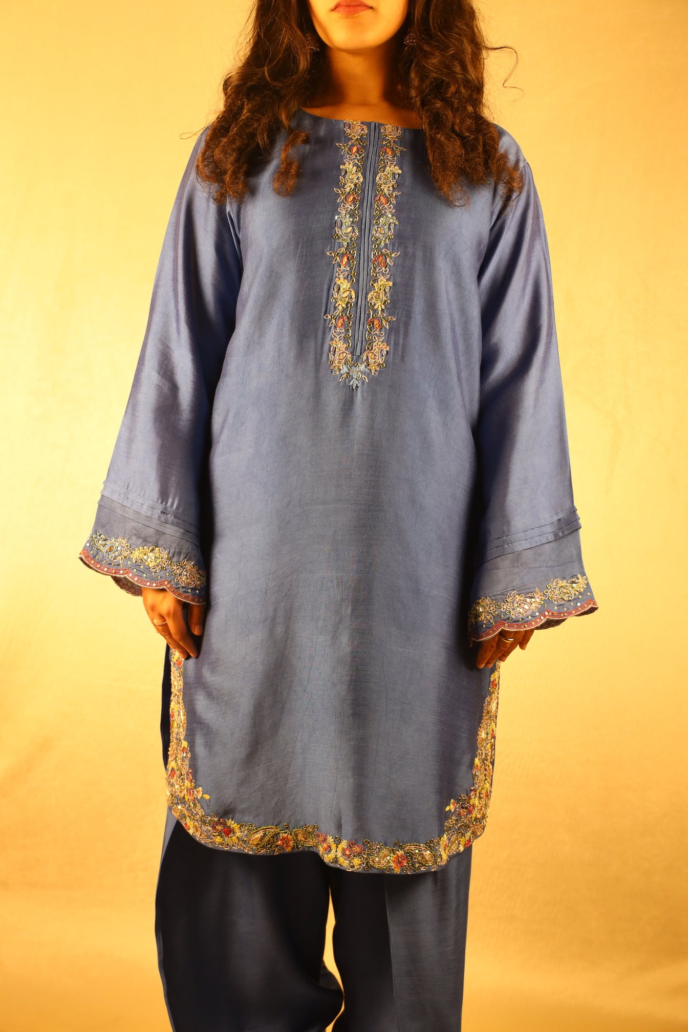 SLATE BLUE, EMBELLISHED FARSHI SHALWAR SUIT