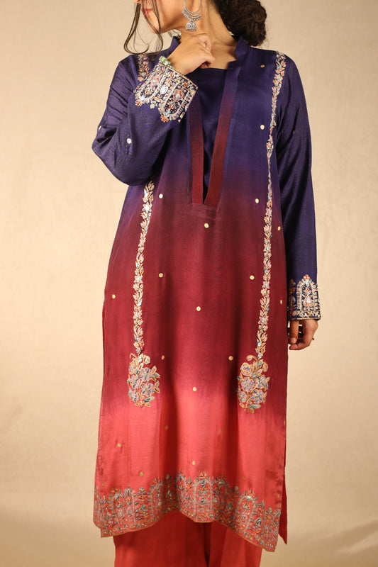 NAVY-RED OMBRE', BLOCK-PRINTED EMBELLISHED SUIT