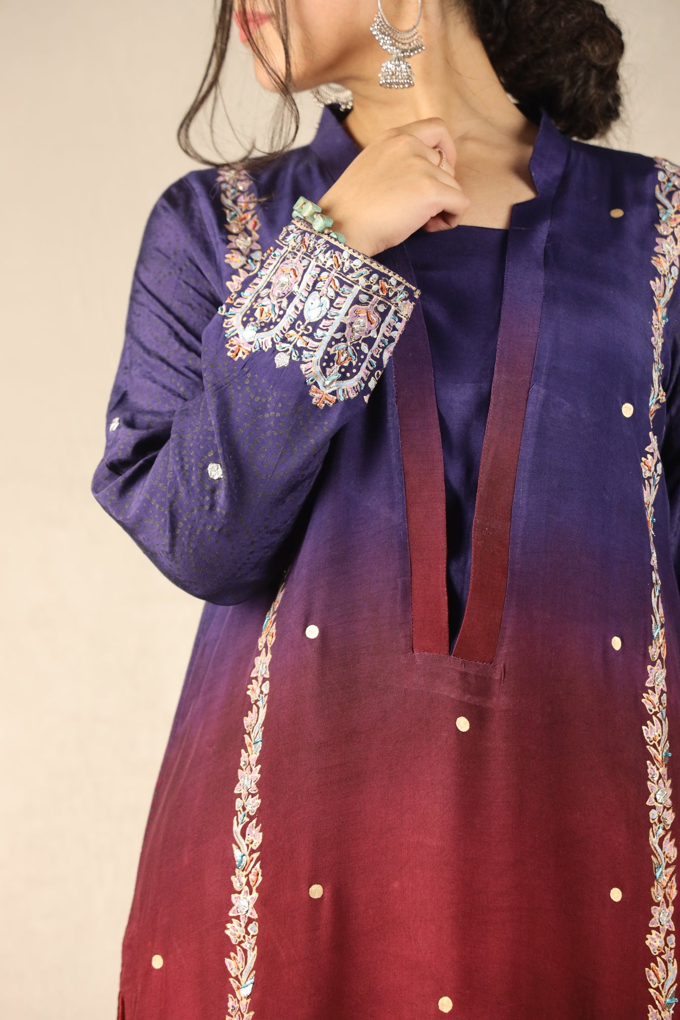 NAVY-RED OMBRE', BLOCK-PRINTED EMBELLISHED SUIT