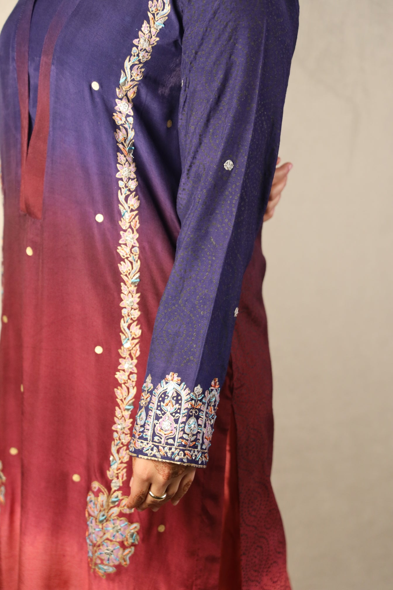 NAVY-RED OMBRE', BLOCK-PRINTED EMBELLISHED SUIT