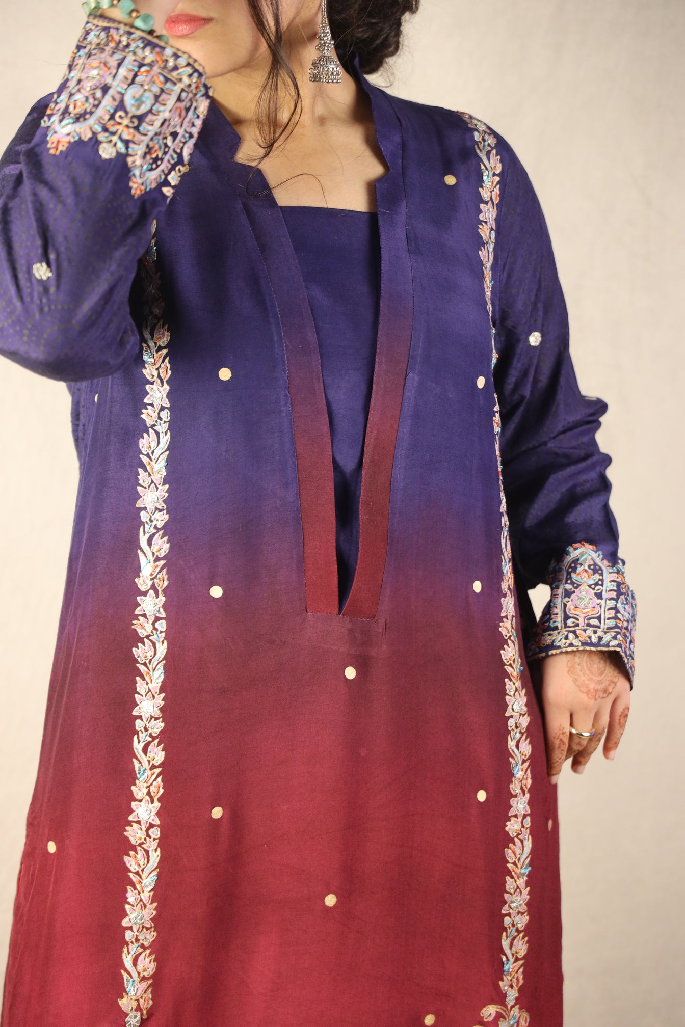 NAVY-RED OMBRE', BLOCK-PRINTED EMBELLISHED SUIT