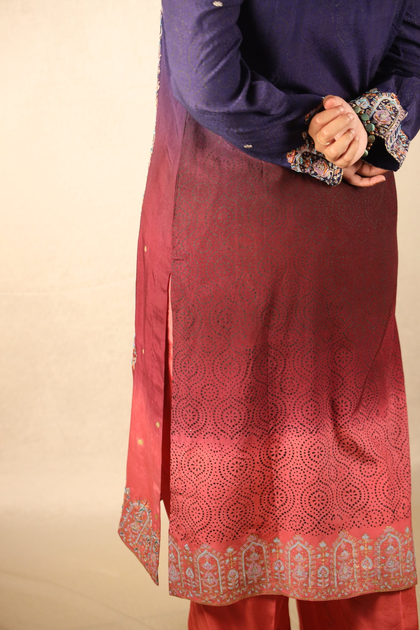 NAVY-RED OMBRE', BLOCK-PRINTED EMBELLISHED SUIT