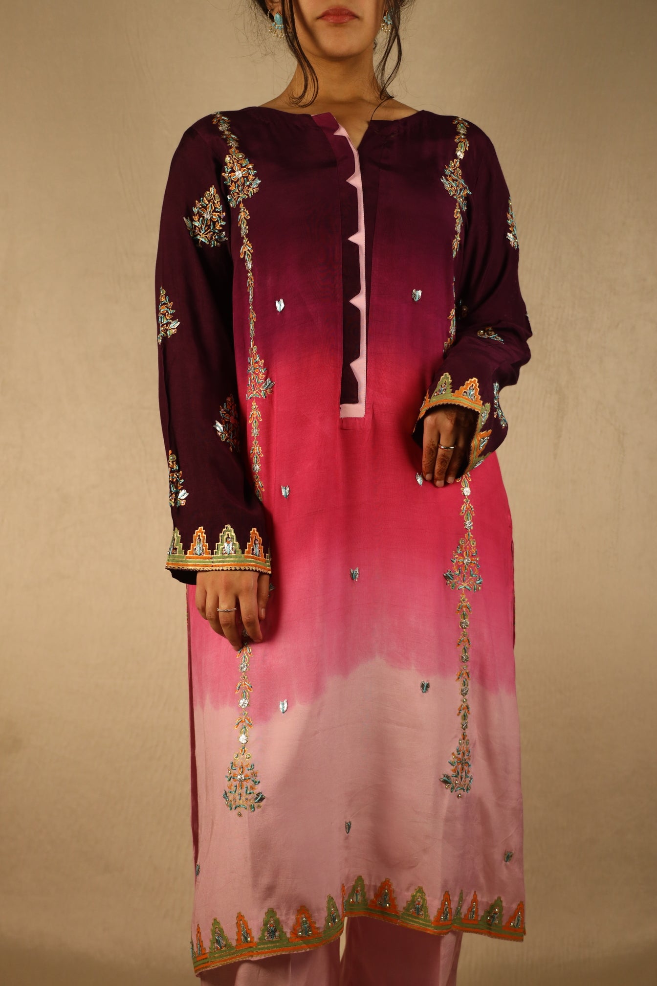 FAALSA OMBRE', BLOCK-PRINTED EMBELLISHED SUIT